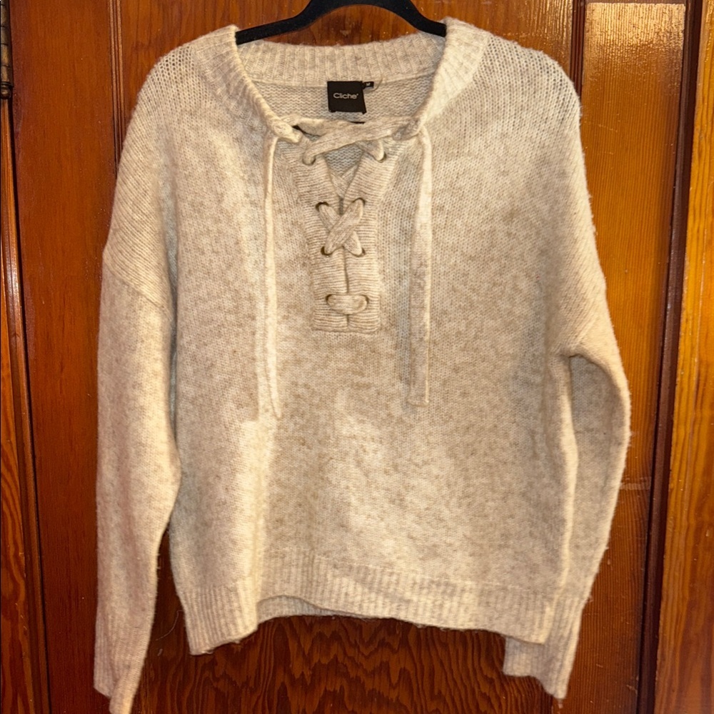 Chic Beige/Oatmeal Lace-Up Sweater